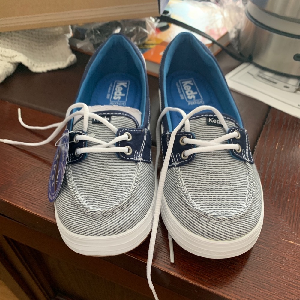 Keds navy and white striped boat shoes